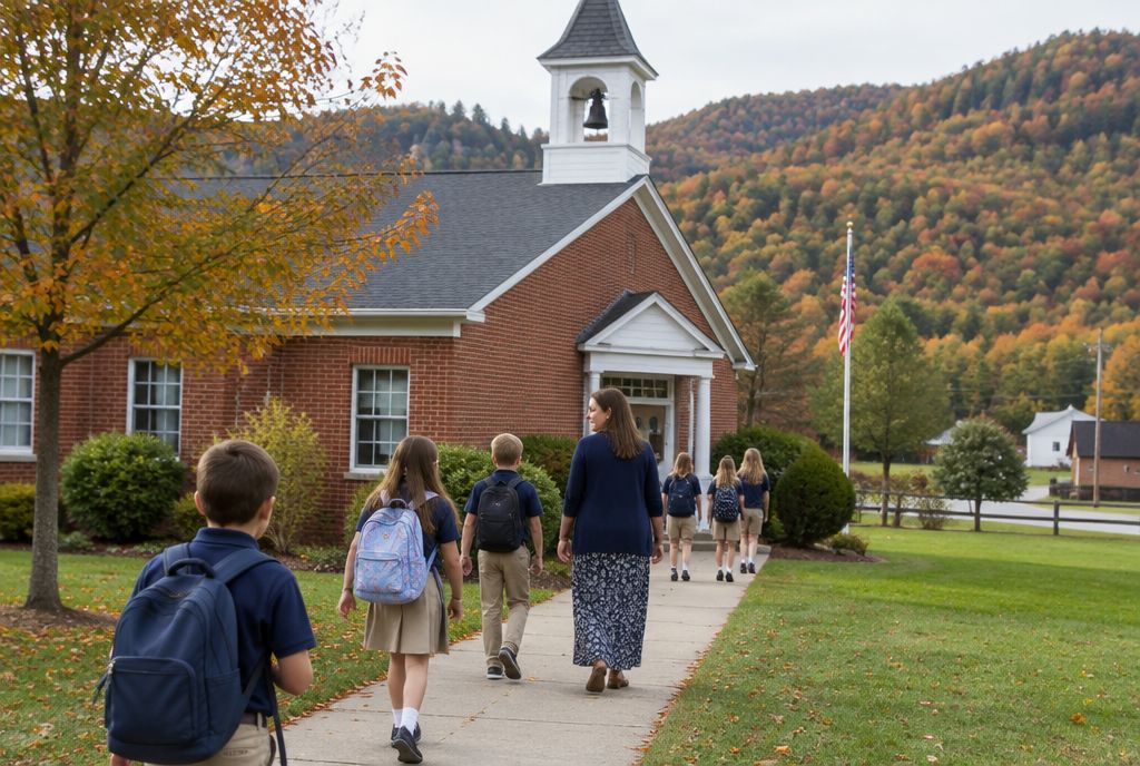 A red-brick Christian school with a white bell tower in an Appalachian valley, children in navy polo shirts out front and autumn hills behind