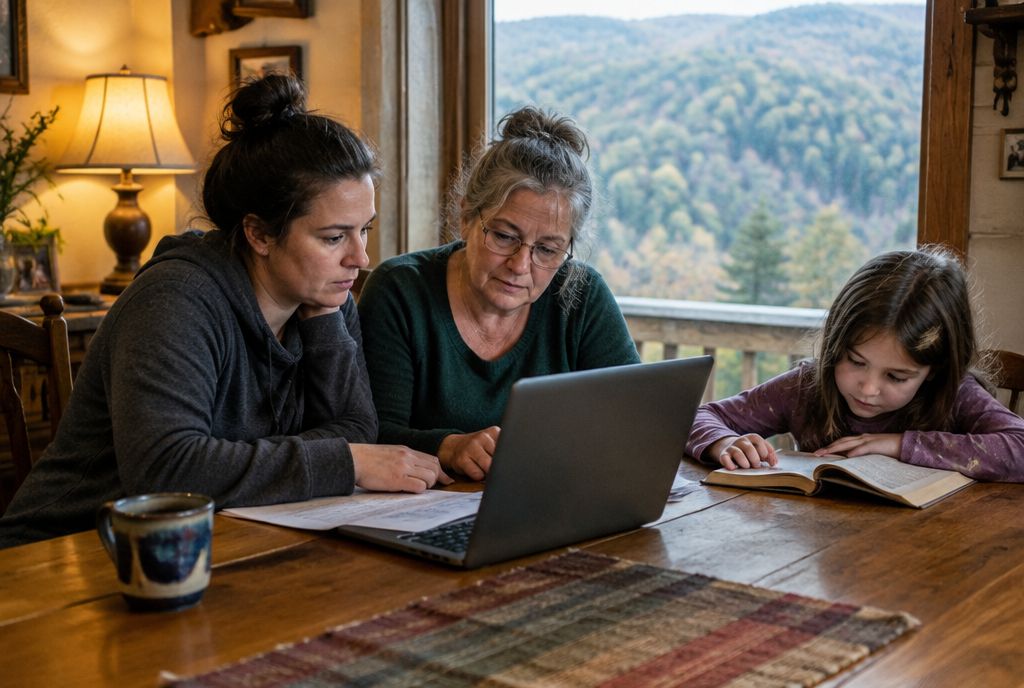 A mother and grandmother go over school paperwork and a laptop at a kitchen table while a young girl reads beside them