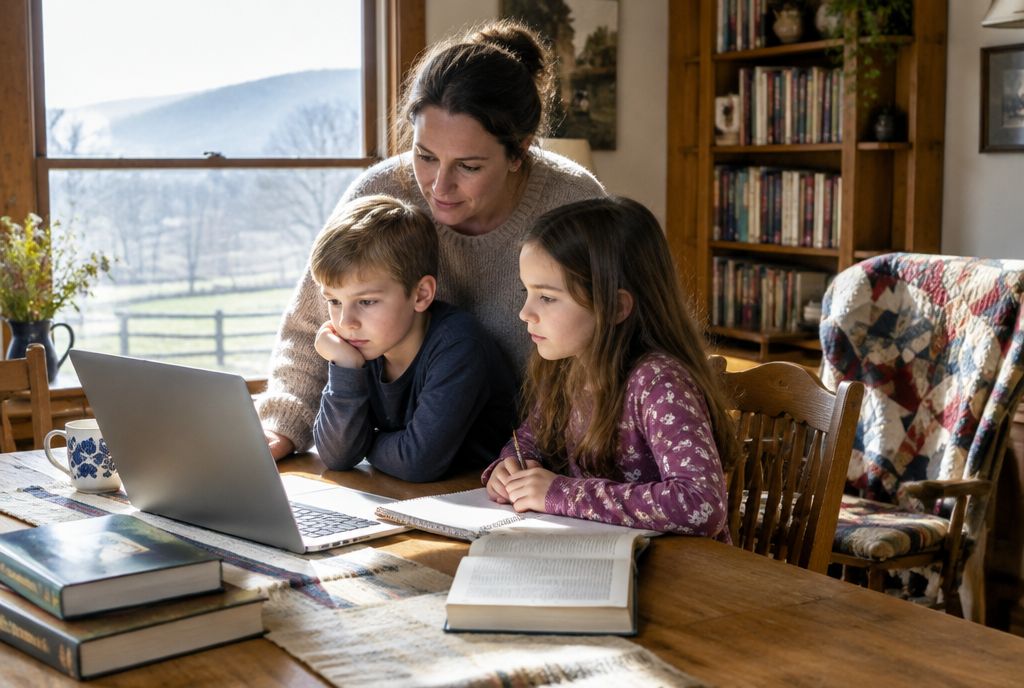Two siblings doing an online lesson on a laptop at a farmhouse table while their mother helps